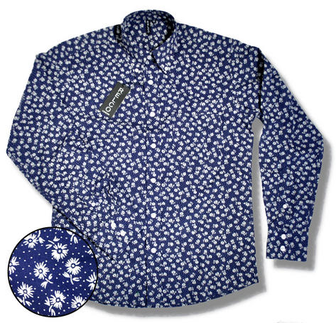 Relco Floral Flower Print Long Sleeve Button Down Shirt Navy Blue White Preview